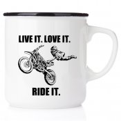 Live it. Love it. Ride it (med tricks) emaljmugg för crossbanan present till en som kör motocross crosskille crossmamma mx