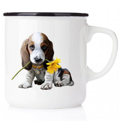 enamel mug emaljmugg hundmugg Beagle med blomma emaljmugg