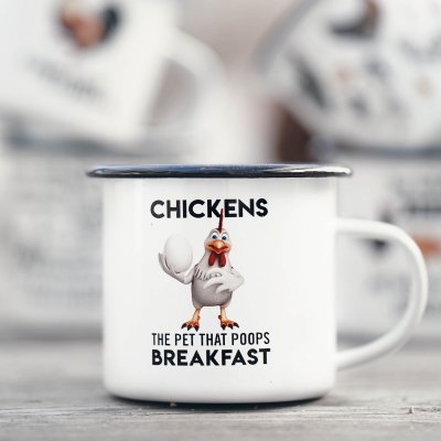 Checkens, pets that poops breakfast Keep Calm and don´t count your chickens hönsmugg i emalj happymug present till hönsälskare h