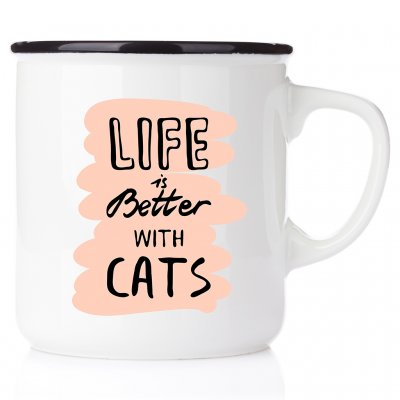 Life is better with cats emaljmugg med katt enamelmug emalj kaffekopp present till kattälskare
