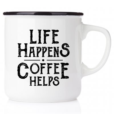 Life happens coffee helps mugg kaffekopp i emalj till någon som älskar kaffe presentkaffe kaffemugg inspiration emaljmugg happy